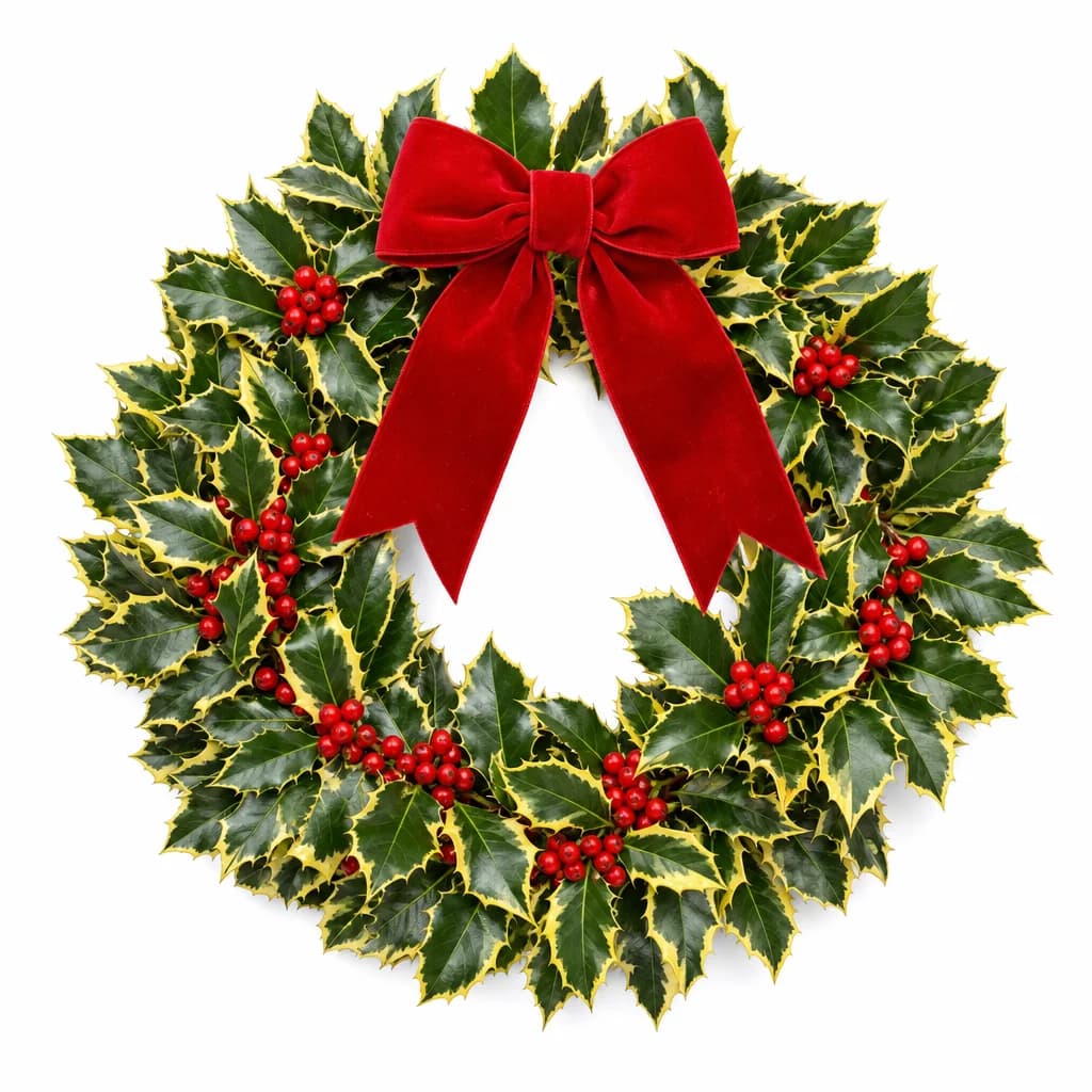Variegated Holly & Red Bow Fresh Christmas Wreath